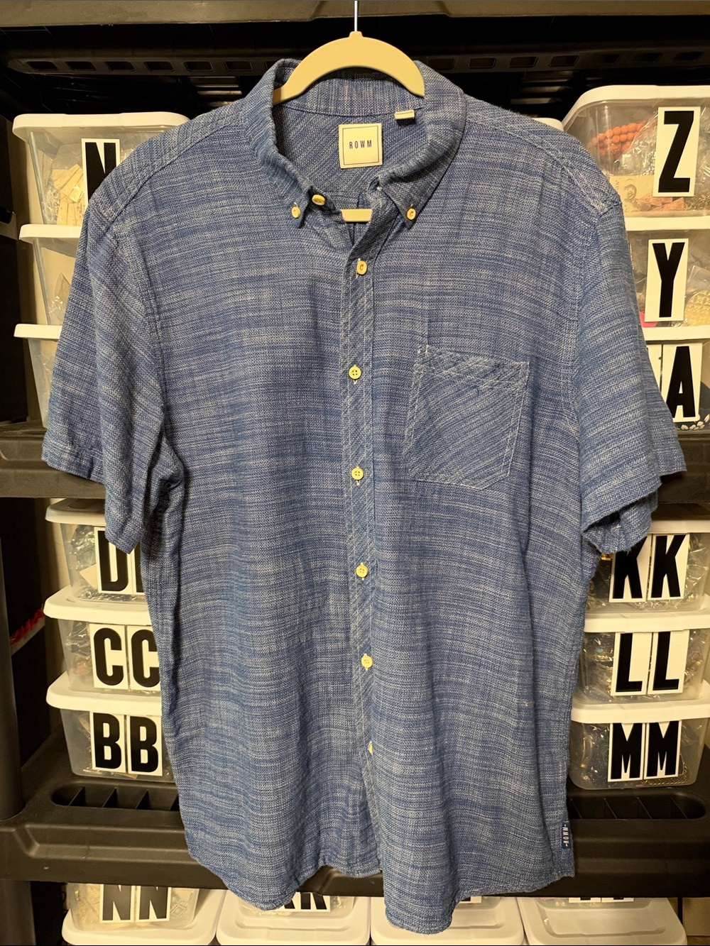 Rowm Blue Short-Sleeve Button-Down Cotton Shirt Large